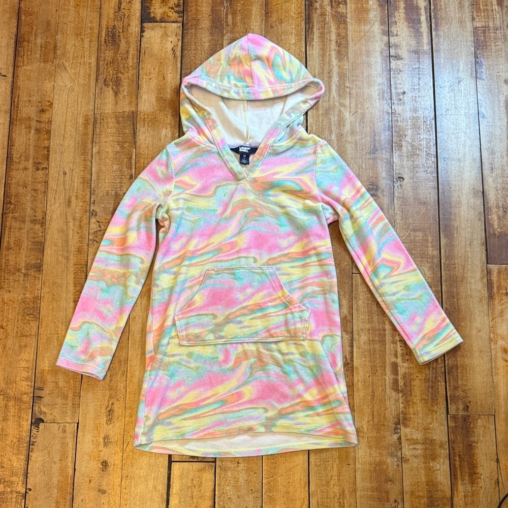 Lands End Multicolor Tie-Dye Beach coverup size 8 rainbow vacation cotton hooded